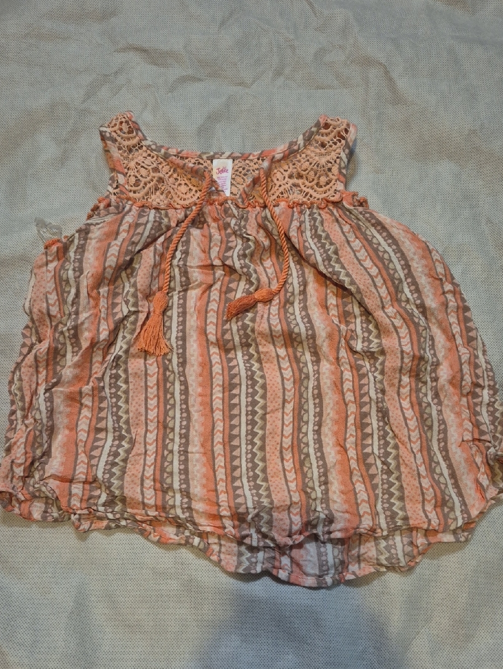 Justice Peach and Taupe Striped Girls Blouse with Crochet Yoke
